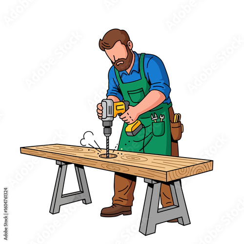 Woodworking workshop flyer template, editable in Photoshop, man drilling wood illustration, electric drill icon, brown and beige color palette, vintage texture, suitable for carpentry course, DIY trai