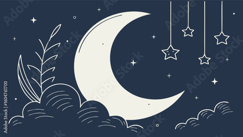 Crescent moon night sky vector illustration with stars clouds and plant design for dreamy wallpaper art