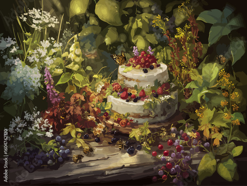 Whimsical naked cake with fresh berries surrounded by lush botanical garden setting with monarch butterflies - perfect for luxury bakery and celebration marketing