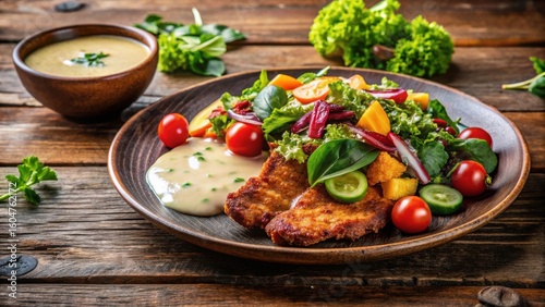Wallpaper Mural A Delicious Breaded Cutlet Served with a Fresh Garden Salad and Creamy Sauce on Rustic Wooden Table Torontodigital.ca