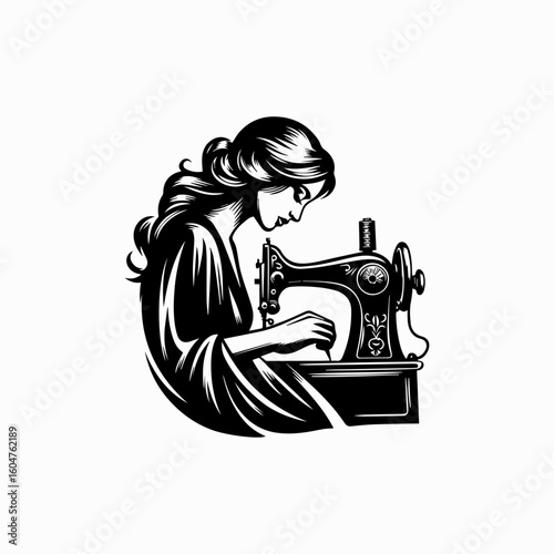 Elegant Silhouette of a Seamstress Working on Antique Sewing Machine.
