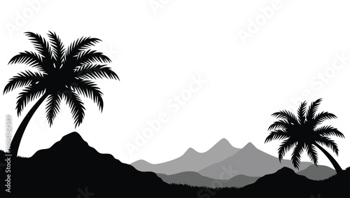 Black palm trees on rolling hills and distant mountains white silhouette