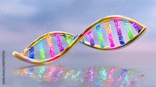 DNA, 3D metallic DNA structure reflecting in a sterile laboratory setting.