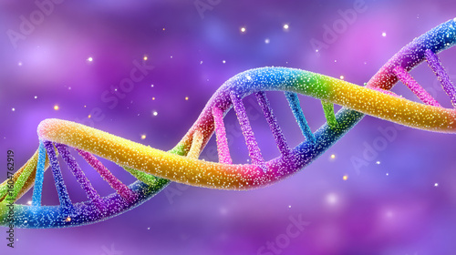 DNA, Microscopic view of glowing DNA strands in a fluid environment.