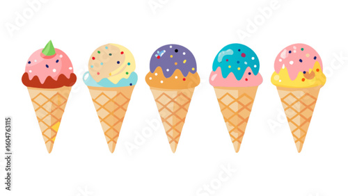 Colorful ice cream cones vector illustration for summer treats and dessert designs and sweet food graphics