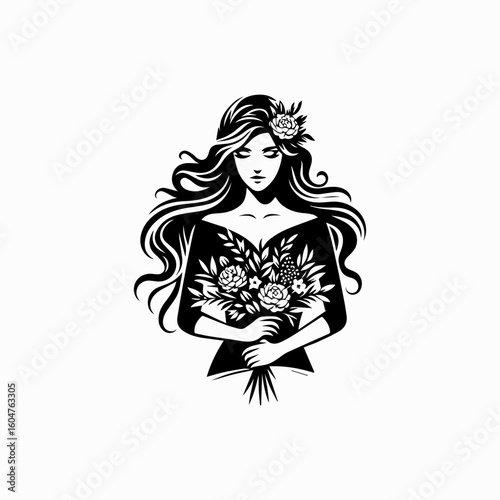 Elegant Woman Holding a Floral Bouquet in a Stylized Illustration.