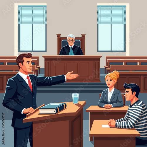 Law seminar poster template, editable in Adobe Illustrator or Photoshop, justice scale icon, judge gavel illustration, formal layout, dark blue and gold theme, suitable for legal conference, law schoo