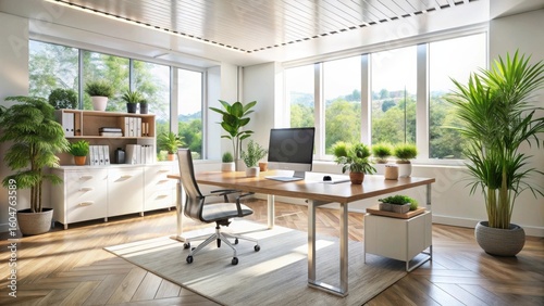 Modern minimalist office space with abundant natural light and lush greenery, creating a serene and productive workspace.