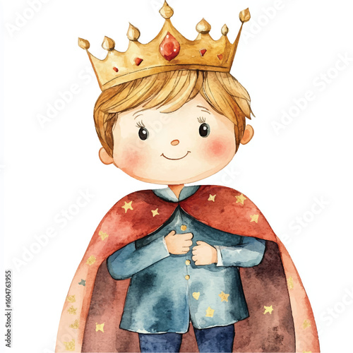 Watercolor Illustration of a Young Prince with Golden Crown and Starry Cape