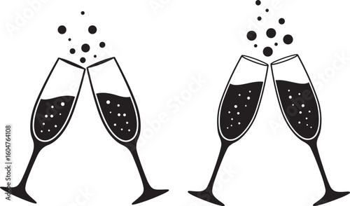 Two champagne glasses clinking together silhouette