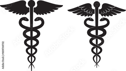 Two caduceus medical symbols silhouette