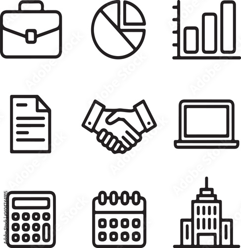 Business and Office Outline Icon Set Briefcase, Chart, Document, Handshake, Laptop, Calculator, and Graph Symbols  Business and Office Outline Icon Set Briefcase, Chart, Document, Handshake, Laptop, 