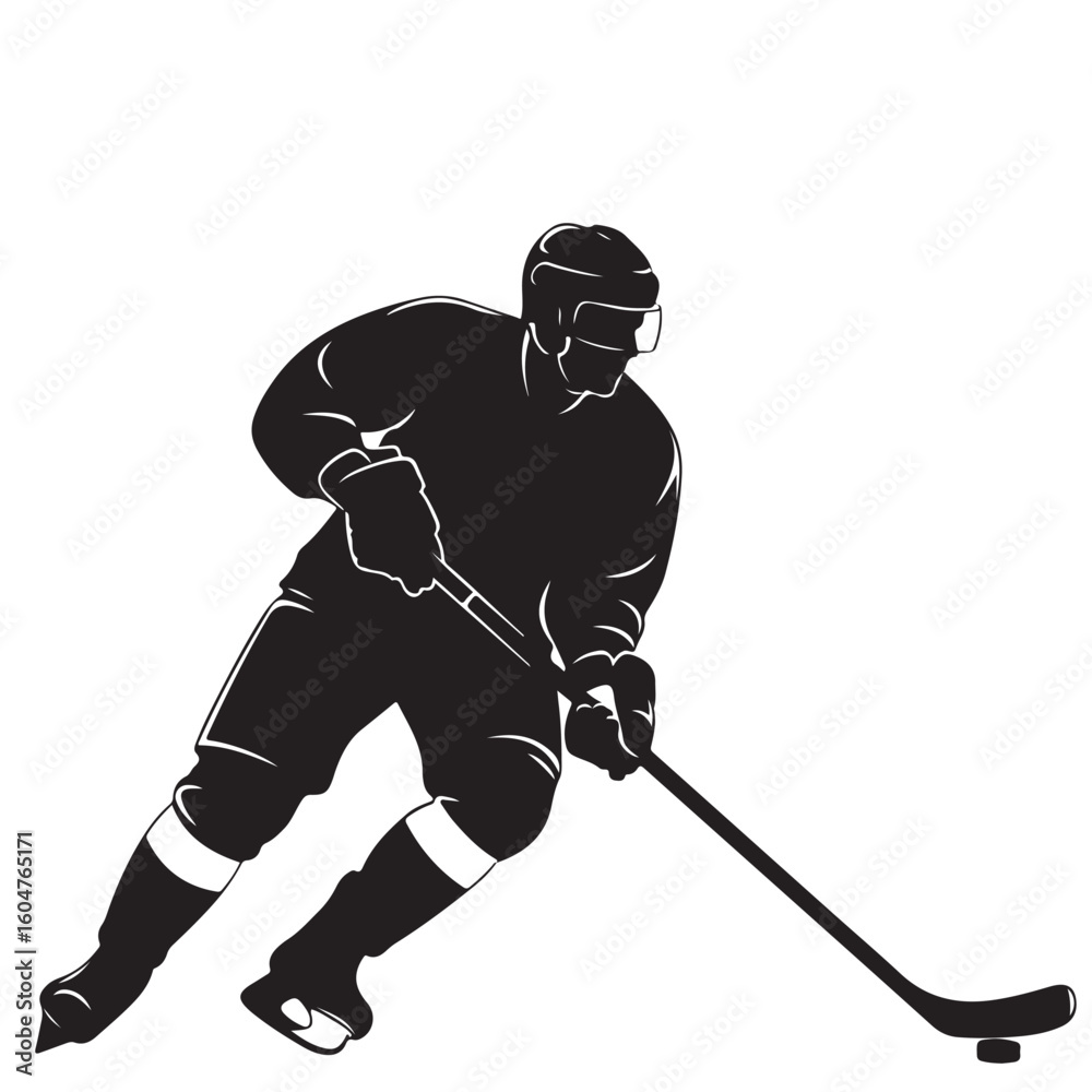 Fototapeta premium Hockey Player Silhouette with Stick and Puck on White Background