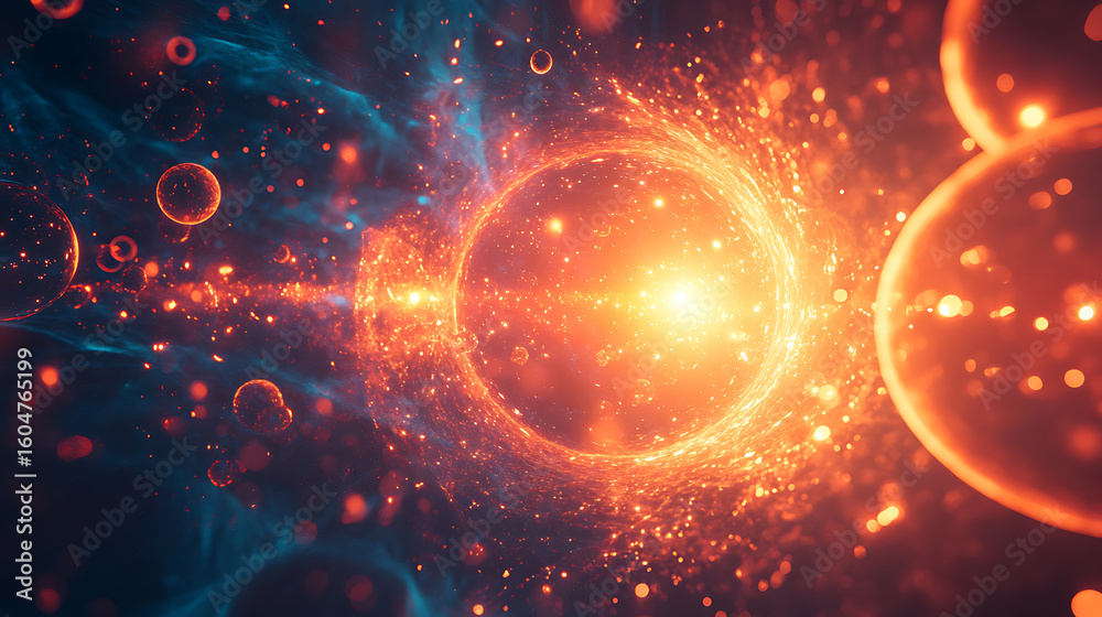 Obraz premium Glowing orbs and particles swirl in vibrant orange and blue cosmic space, creating dynamic and energetic abstract scene