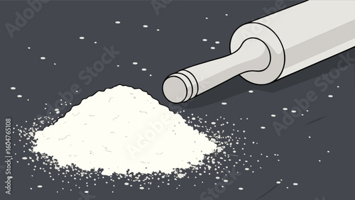 Illustration of baking preparation with rolling pin and flour for cooking and pastry making art