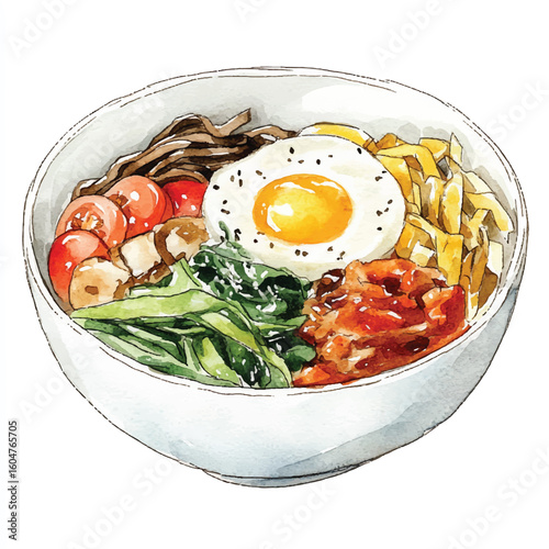 Watercolor Illustration of Bibimbap Bowl with SunnySideUp Egg and Vegetables