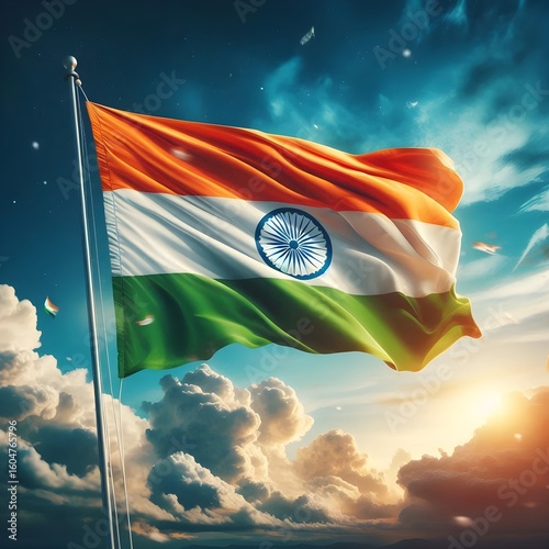 Indian Tricolor Flag Flying on Independence Day – Patriotic Concept.
