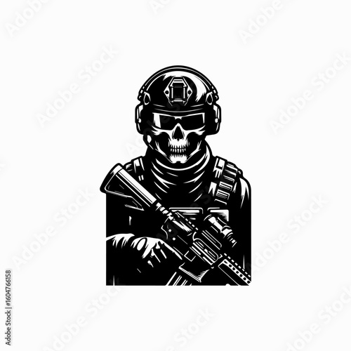 Grim Reaper Soldier SkullFaced Warrior with Tactical Gear and Assault Rifle.
