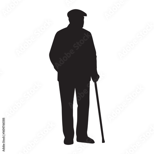 "Old Man with Cane Silhouette – Elderly Person Standing Vector Icon"

