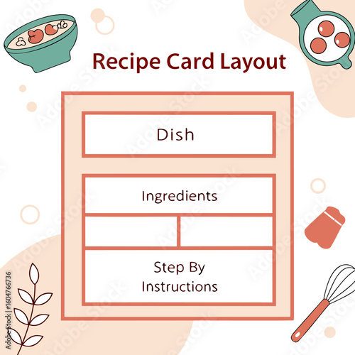 Visual recipe card layout demonstrating sections for dish name ingredients and step by step instructions with culinary elements