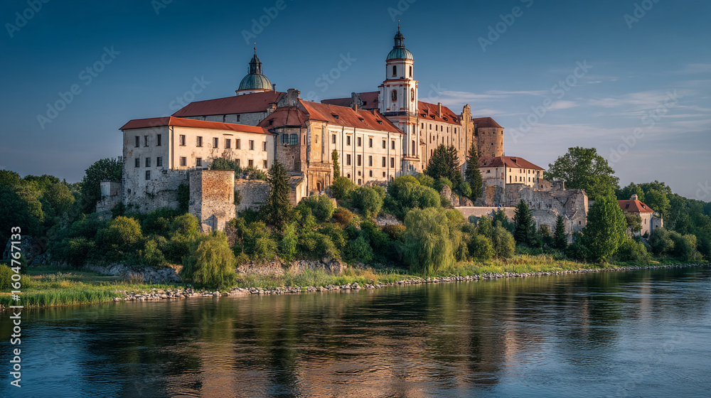 Fototapeta premium A scenic view of a large building with towers and domes situated near a body of water outdoors