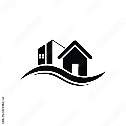 Black home building silhouettes rest on wave shapes against a transparent background with simple lines