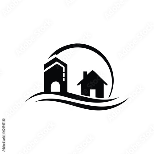 Black silhouette shows two buildings on wavy ground, with an arc behind them, transparent