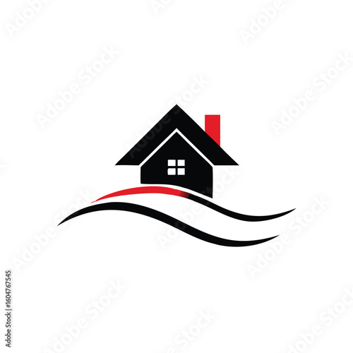 Small house with red chimney is above waving lines against white background