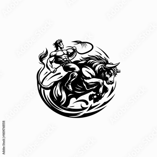 Muscular Rider Taming a Powerful Bull in Dynamic Black and White Art.