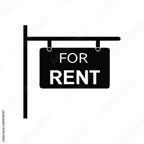 Black sign stating for rent hangs suspended from a black pole against white backdrop