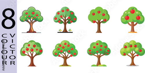 Eight Colorful Vector Apple Trees: Growth Stages, Flat Style, Farm Illustration