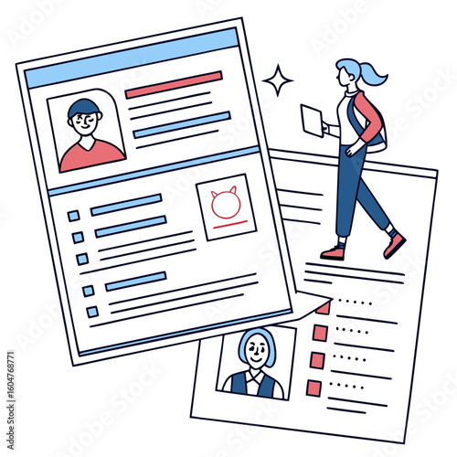 A woman reviews resumes and candidate profiles showcasing the process of candidate selection and hiring in a modern business environment