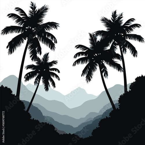 Silhouetted Palm Trees Over Misty Mountain Layers tropical landscape