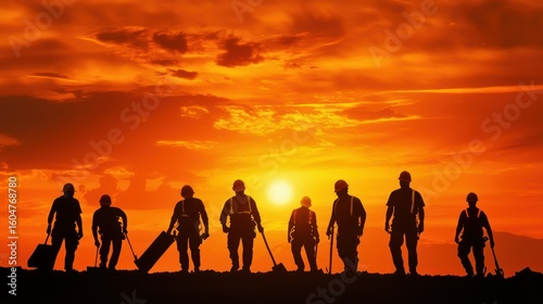 Fototapeta Naklejka Na Ścianę i Meble -  A group of construction workers standing on a hill with a sunset in the background.