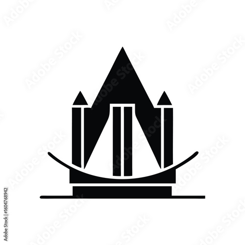 Simple black geometrical structure presents abstract castle symbol on transparent background