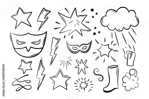 Superhero Icon Illustration: A vibrant illustration featuring superhero-themed icons, showcasing masks, stars, lightning bolts, explosions, and more, designed to evoke a sense of adventure, power.