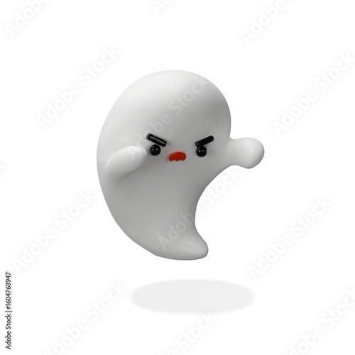 A cute but angry 3D ghost character with an expressive face. The ghost giving it a humorous and grumpy personality. Halloween-themed designs, children materials, or spooky-but-fun illustrations.