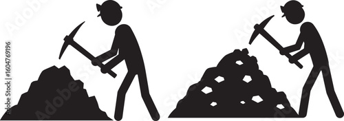 Two miners working with pickaxes silhouette
