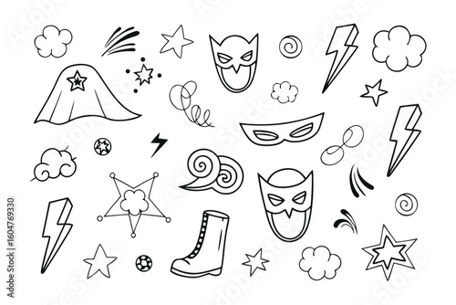 Superhero Elements Doodle: A whimsical collection of hand-drawn superhero-themed doodles, ready to inspire creativity and add a touch of fun to your design projects.