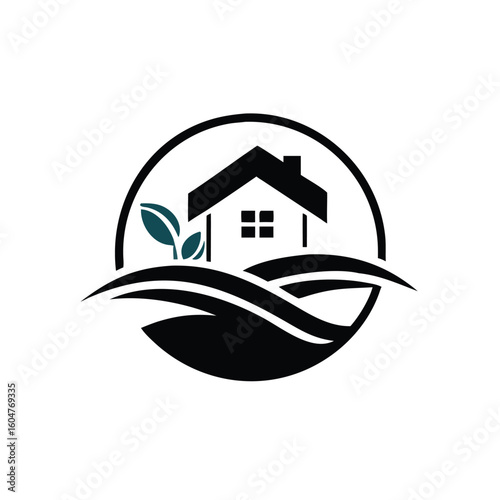 Minimalist black house encircled with leaves and abstract fields presents transparent background