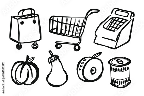 Grocery Shopping Essentials: A collection of hand-drawn illustrations showcases shopping cart and grocery bag, along with a cash register, pumpkin, eggplant, apple, and can. 