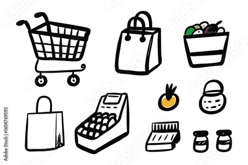 Shopping Icons Illustration: A collection of minimalist illustrations of essential shopping elements, including a shopping cart, paper bag, till and various other food product.
