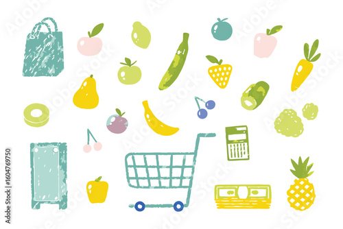 Freshness Symphony: A delightful collection of colorful fruits and vegetables arranged with a shopping cart, capturing the essence of wholesome and healthy eating. 