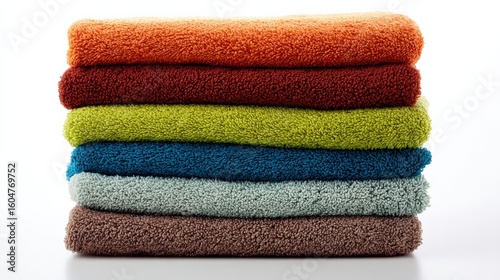 Stack of Multicolored Towels in Bright Colors including Orange Red Green Blue Gray and Textured Fabric Material for Home Bathroom Decoration