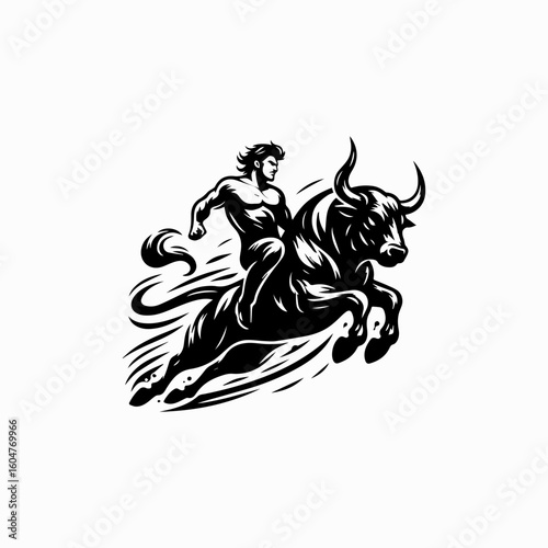 Powerful Rider Taming a Raging Bull in Dynamic Black and White Illustration.