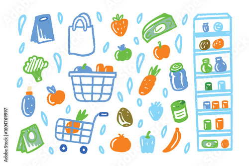 Fresh groceries: a playful illustration of a diverse array of fresh groceries. including a shopping cart, basket, and refrigerator, all filled with delicious fruits, vegetables, and food items.