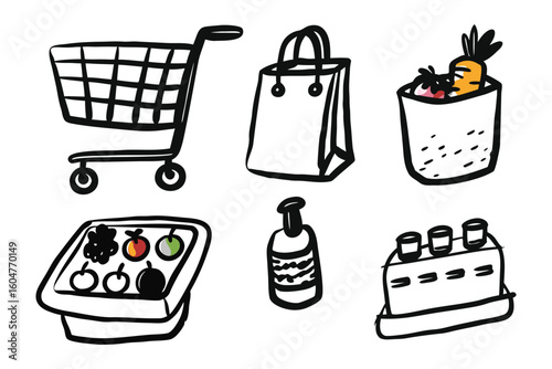 Shopping Essentials: A minimalist illustration of grocery shopping essentials, perfect for depicting various shopping cart and bag with products. 