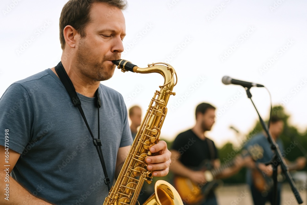 Naklejka premium Wide-angle shot of a male saxophonist performing outdoors du daytime with a blurred band in the background and a microphone stand nearby
