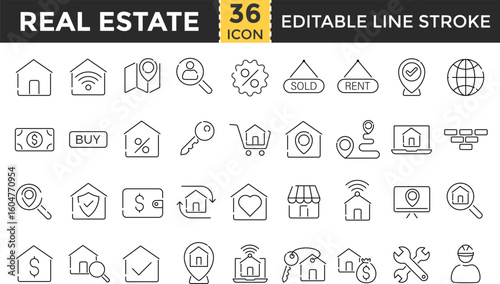 Real Estate Line Icon Set – Outline Pixel Perfect, Editable Stroke Icons Collection for Property, Home, Rent, Housing, Apartment, Building, Mortgage, Agent, Map, Sale, and Investment
