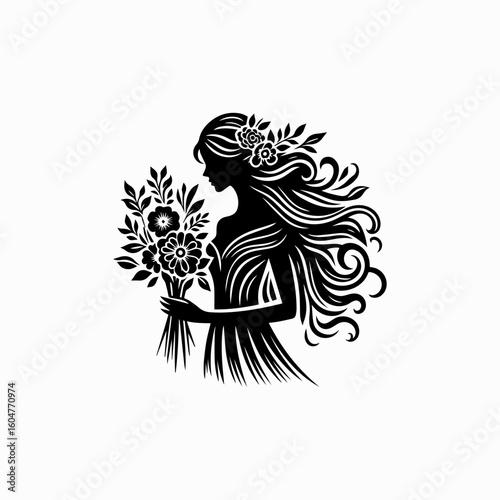 Silhouette of a Woman Holding Flowers with Flowing Hair and Floral Accents.